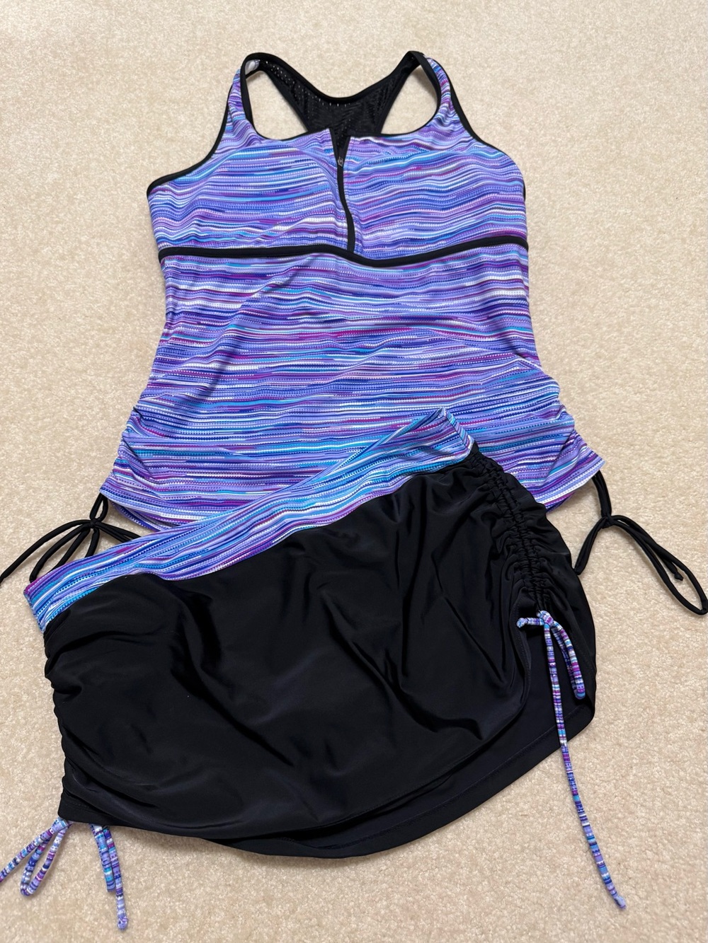 Purple Striped Women’s Tankini Swim Set with Black Skirt Large